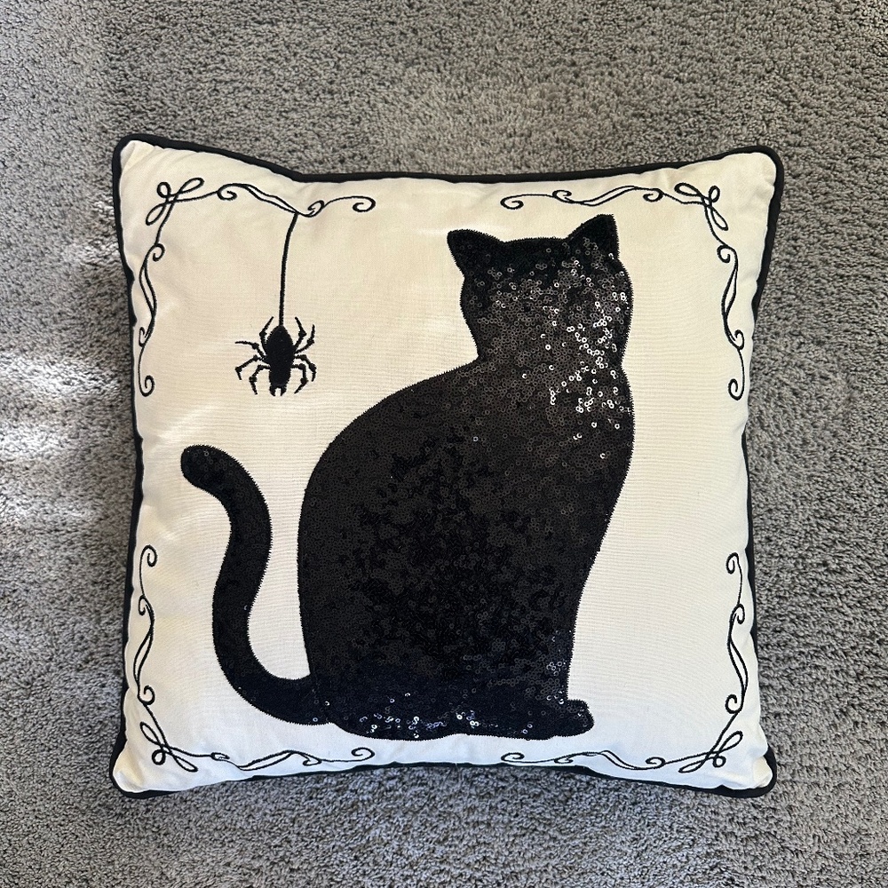 Halloween Pillow Black and White Sequin Black Cat Pillow